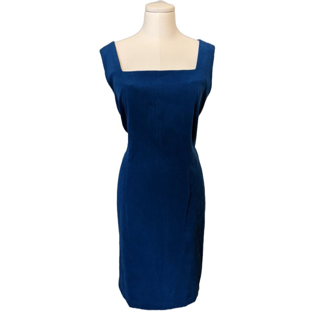 Vintage 90s Karin Stevens Blue Square Neck Shift Dress Peachskin Office Plus 16